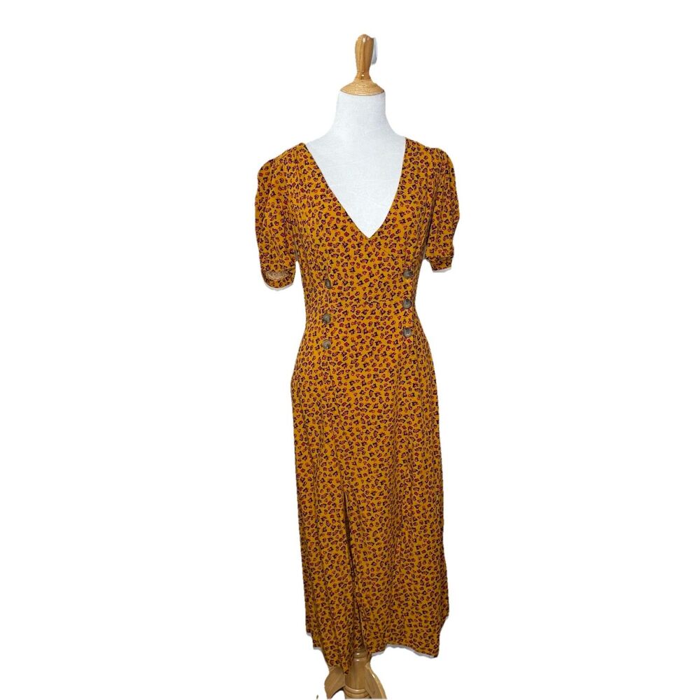 Urban Outfitters Yellow Floral Red V neck Front-Slit Midi Dress Size Small